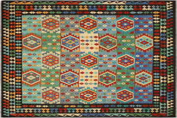 Flat Weave Kilim, Antique, Navaho, Vintage, Handmade, Geometric Kilim Blue Brown Hand-Woven Rectangle 100% Wool Area Rug 8 x 10